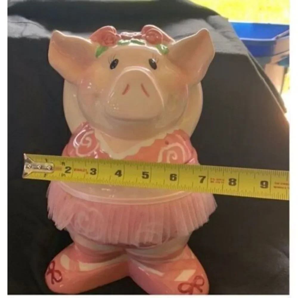 Tutu Piggie Cookie Jar Hand Painted Ceramic Pink Cutesy Ballerina NEW IN BOX